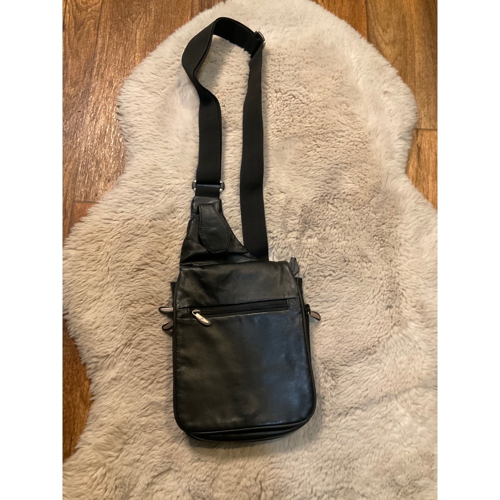 Travelon Leather Anti Theft Sling‎ Bag Black Purse Expandable Crossbody
